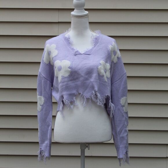 Just Polly Bloom Lavender Long Sleeves Cropped Sweater - Picture 1 of 7